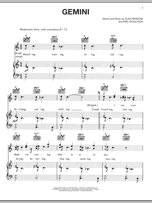 The Alan Parsons Project Gemini sheet music notes and chords arranged for Piano, Vocal & Guitar Chords (Right-Hand Melody)