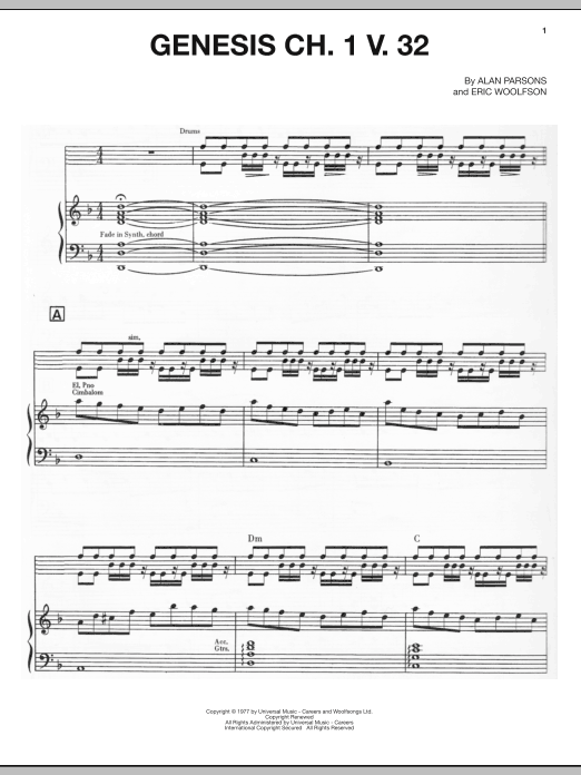 The Alan Parsons Project Genesis Ch. 1 V. 32 sheet music notes and chords arranged for Piano, Vocal & Guitar Chords (Right-Hand Melody)