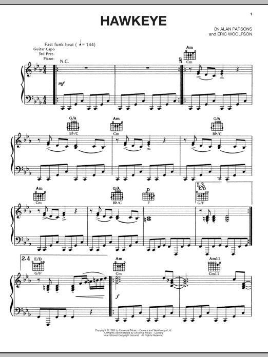 The Alan Parsons Project Hawkeye sheet music notes and chords arranged for Piano, Vocal & Guitar Chords (Right-Hand Melody)