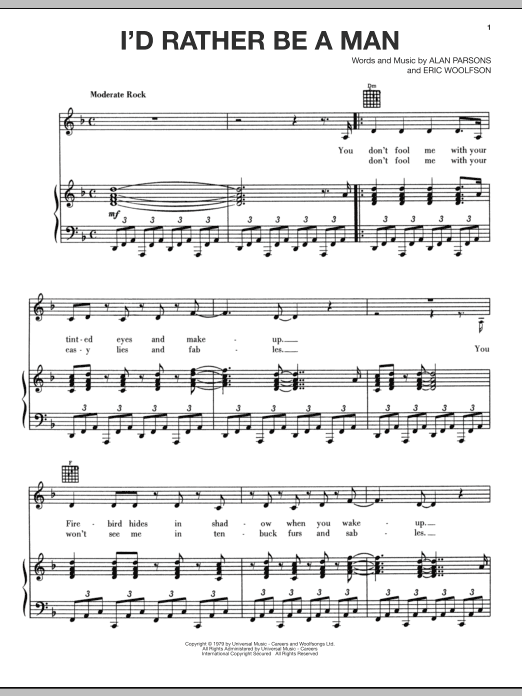 The Alan Parsons Project I'd Rather Be A Man sheet music notes and chords arranged for Piano, Vocal & Guitar Chords (Right-Hand Melody)