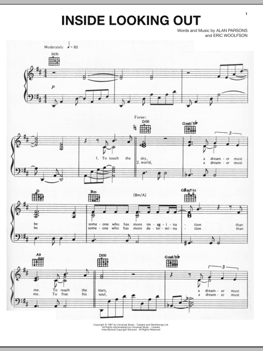 Learn to play The Alan Parsons Project Inside Looking Out sheet music for Piano, Vocal & Guitar Chords (Right-Hand Melody) in minutes. Price: 7.8900$ The Alan Parsons Project Inside Looking Out sheet music notes and chords arranged for Piano, Vocal & Guitar Chords (Right-Hand Melody)