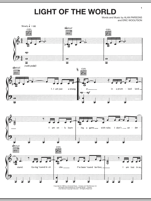 The Alan Parsons Project Light Of The World sheet music notes and chords arranged for Piano, Vocal & Guitar Chords (Right-Hand Melody)