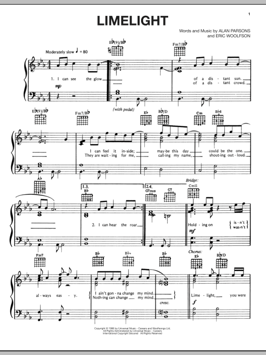 The Alan Parsons Project Limelight sheet music notes and chords arranged for Piano, Vocal & Guitar Chords (Right-Hand Melody)