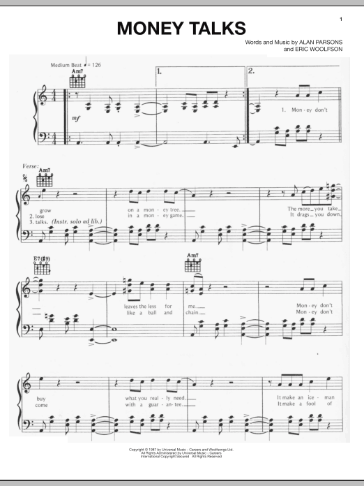 The Alan Parsons Project Money Talks sheet music notes and chords arranged for Piano, Vocal & Guitar Chords (Right-Hand Melody)