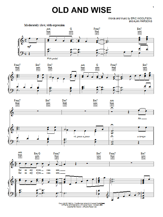 The Alan Parsons Project Old And Wise sheet music notes and chords arranged for Piano, Vocal & Guitar Chords (Right-Hand Melody)