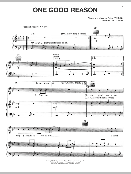 The Alan Parsons Project One Good Reason sheet music notes and chords arranged for Piano, Vocal & Guitar Chords (Right-Hand Melody)