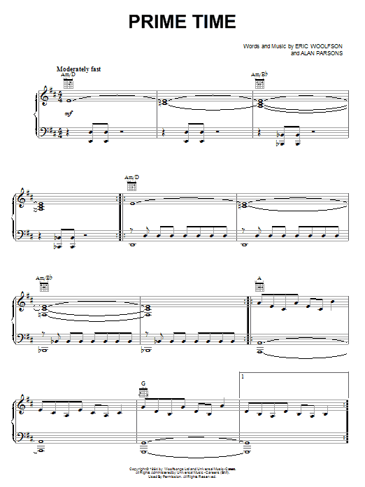 The Alan Parsons Project Prime Time sheet music notes and chords arranged for Piano, Vocal & Guitar Chords (Right-Hand Melody)