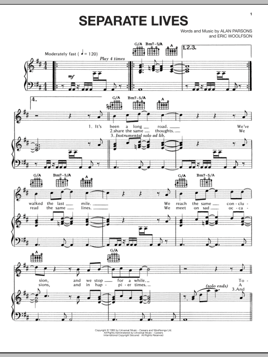 The Alan Parsons Project Separate Lives sheet music notes and chords arranged for Piano, Vocal & Guitar Chords (Right-Hand Melody)