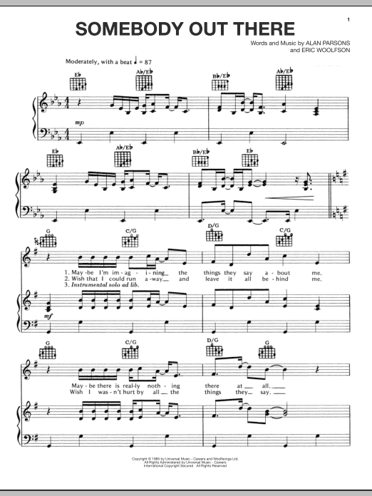 The Alan Parsons Project Somebody Out There sheet music notes and chords arranged for Piano, Vocal & Guitar Chords (Right-Hand Melody)