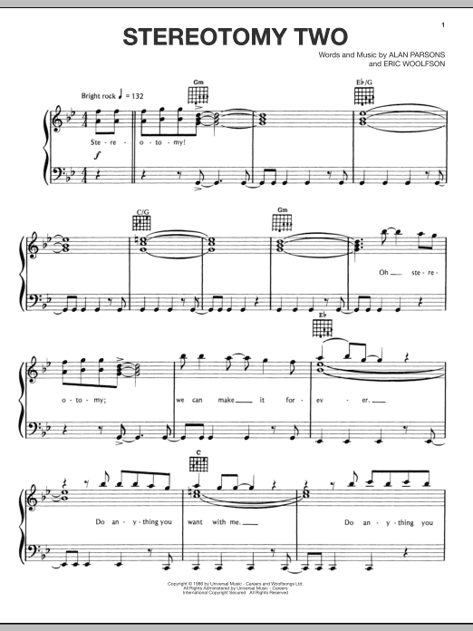 The Alan Parsons Project Stereotomy Two sheet music notes and chords arranged for Piano, Vocal & Guitar Chords (Right-Hand Melody)