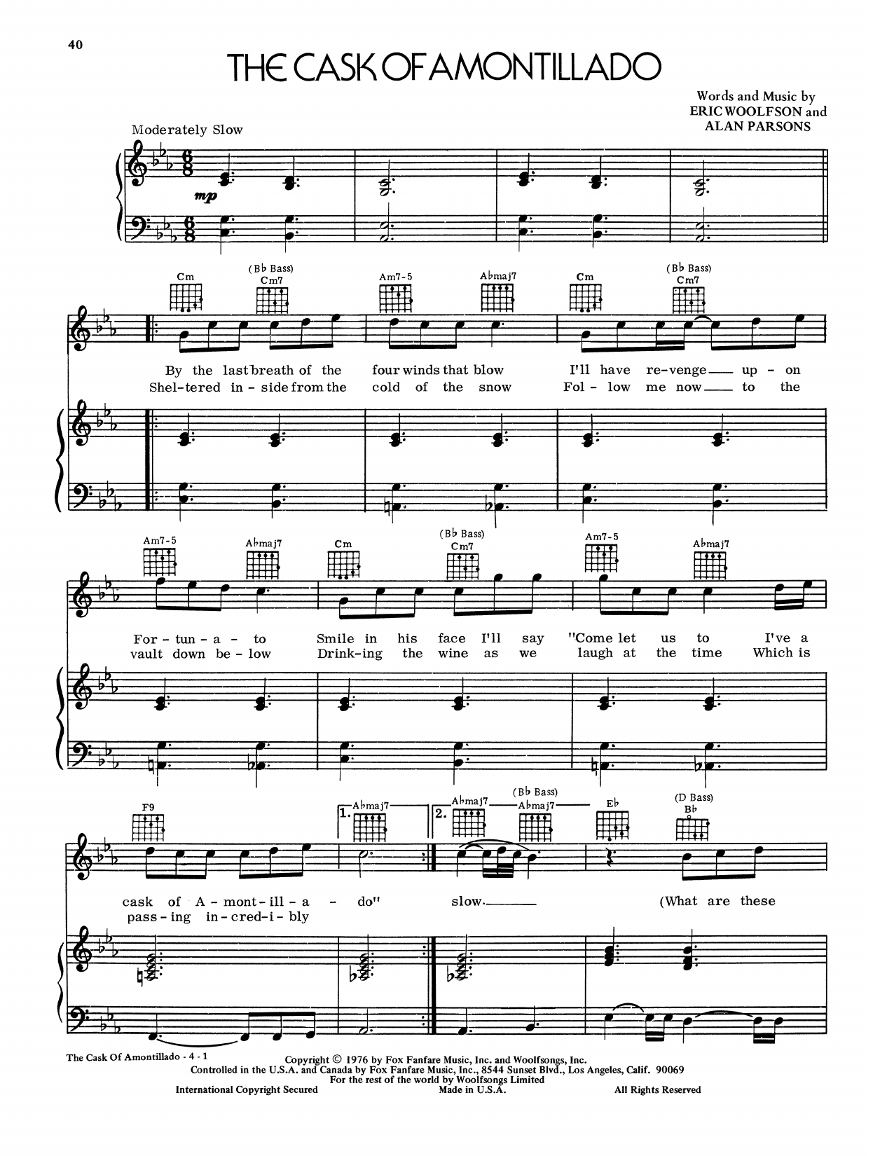 Alan Parsons Project The Cask Of Amontillado sheet music notes and chords arranged for Piano & Vocal