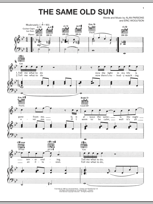 The Alan Parsons Project The Same Old Sun sheet music notes and chords arranged for Piano, Vocal & Guitar Chords (Right-Hand Melody)