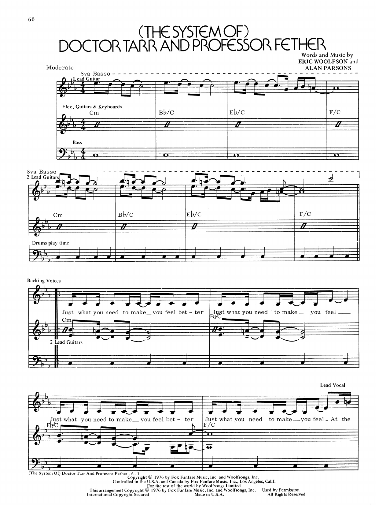 Alan Parsons Project (The System Of) Doctor Tarr And Professor Fether sheet music notes and chords arranged for Piano & Vocal