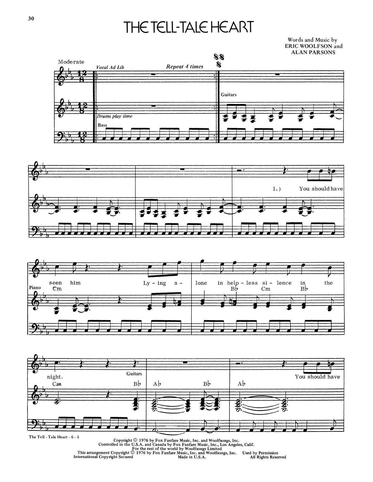 Learn to play The Alan Parsons Project The Tell-Tale Heart sheet music for Piano, Vocal & Guitar Chords (Right-Hand Melody) in minutes. Price: 7.8900$ The Alan Parsons Project The Tell-Tale Heart sheet music notes and chords arranged for Piano, Vocal & Guitar Chords (Right-Hand Melody)