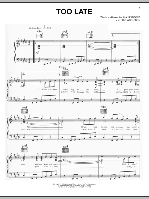 The Alan Parsons Project Too Late sheet music notes and chords arranged for Piano, Vocal & Guitar Chords (Right-Hand Melody)