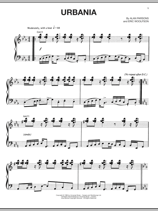 The Alan Parsons Project Urbania sheet music notes and chords arranged for Piano, Vocal & Guitar Chords (Right-Hand Melody)