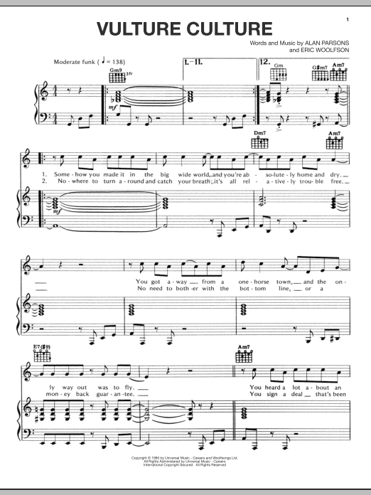 The Alan Parsons Project Vulture Culture sheet music notes and chords arranged for Piano, Vocal & Guitar Chords (Right-Hand Melody)