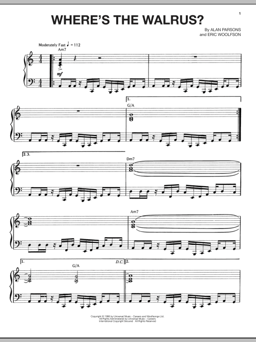 The Alan Parsons Project Where's The Walrus? sheet music notes and chords arranged for Piano, Vocal & Guitar Chords (Right-Hand Melody)