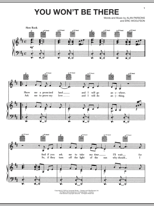 The Alan Parsons Project You Won't Be There sheet music notes and chords arranged for Piano, Vocal & Guitar Chords (Right-Hand Melody)