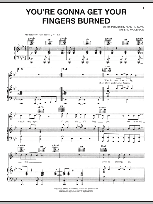 The Alan Parsons Project You're Gonna Get Your Fingers Burned sheet music notes and chords arranged for Piano, Vocal & Guitar Chords (Right-Hand Melody)