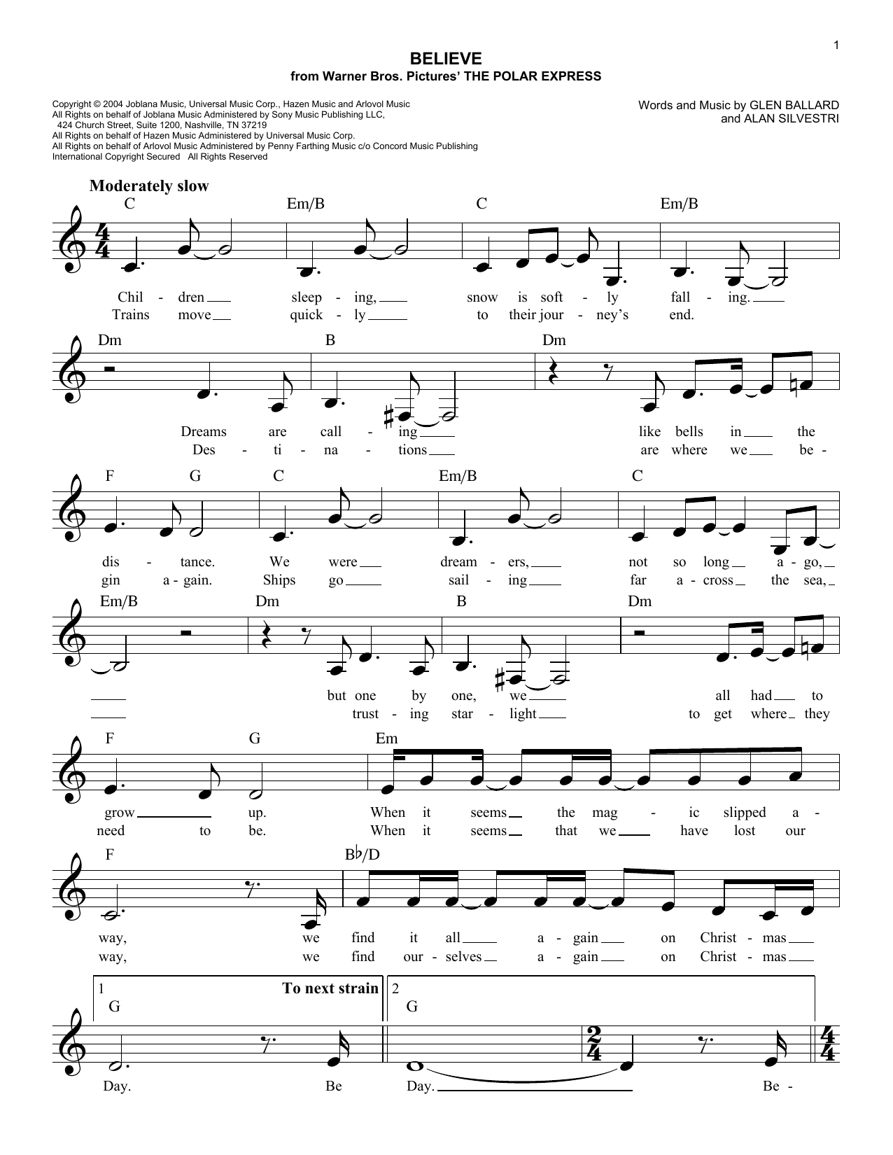 Alan Silvestri Believe sheet music notes and chords arranged for Easy Lead Sheet / Fake Book