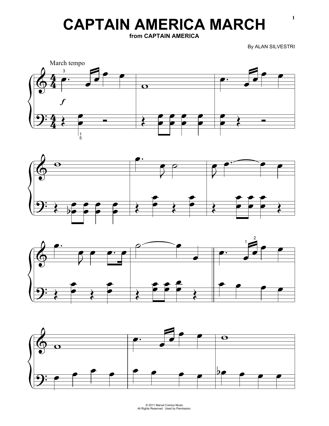 Alan Silvestri Captain America March (from Captain America) sheet music notes and chords arranged for Beginning Piano Solo