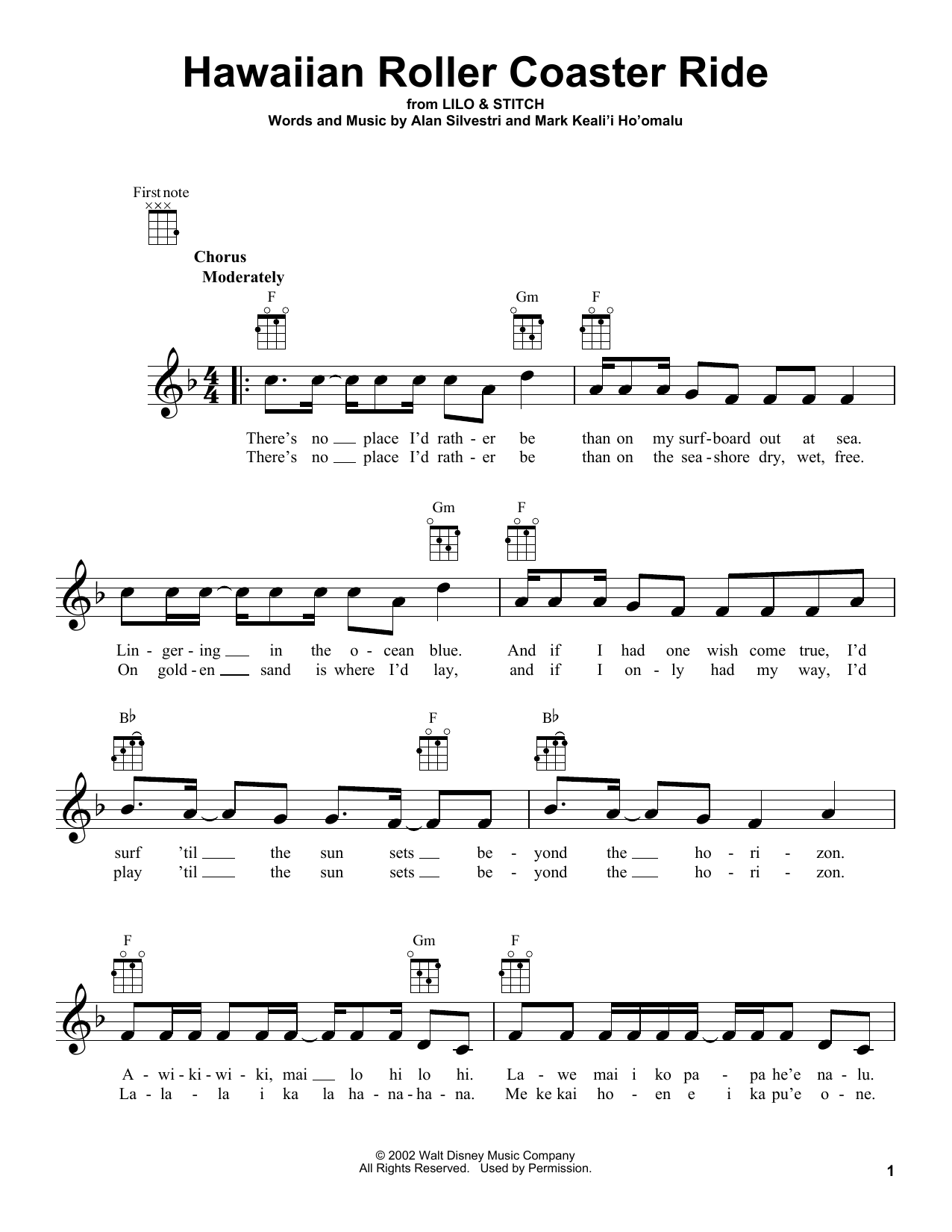 Alan Silvestri Hawaiian Roller Coaster Ride (from Lilo & Stitch) sheet music notes and chords. Download Printable PDF.