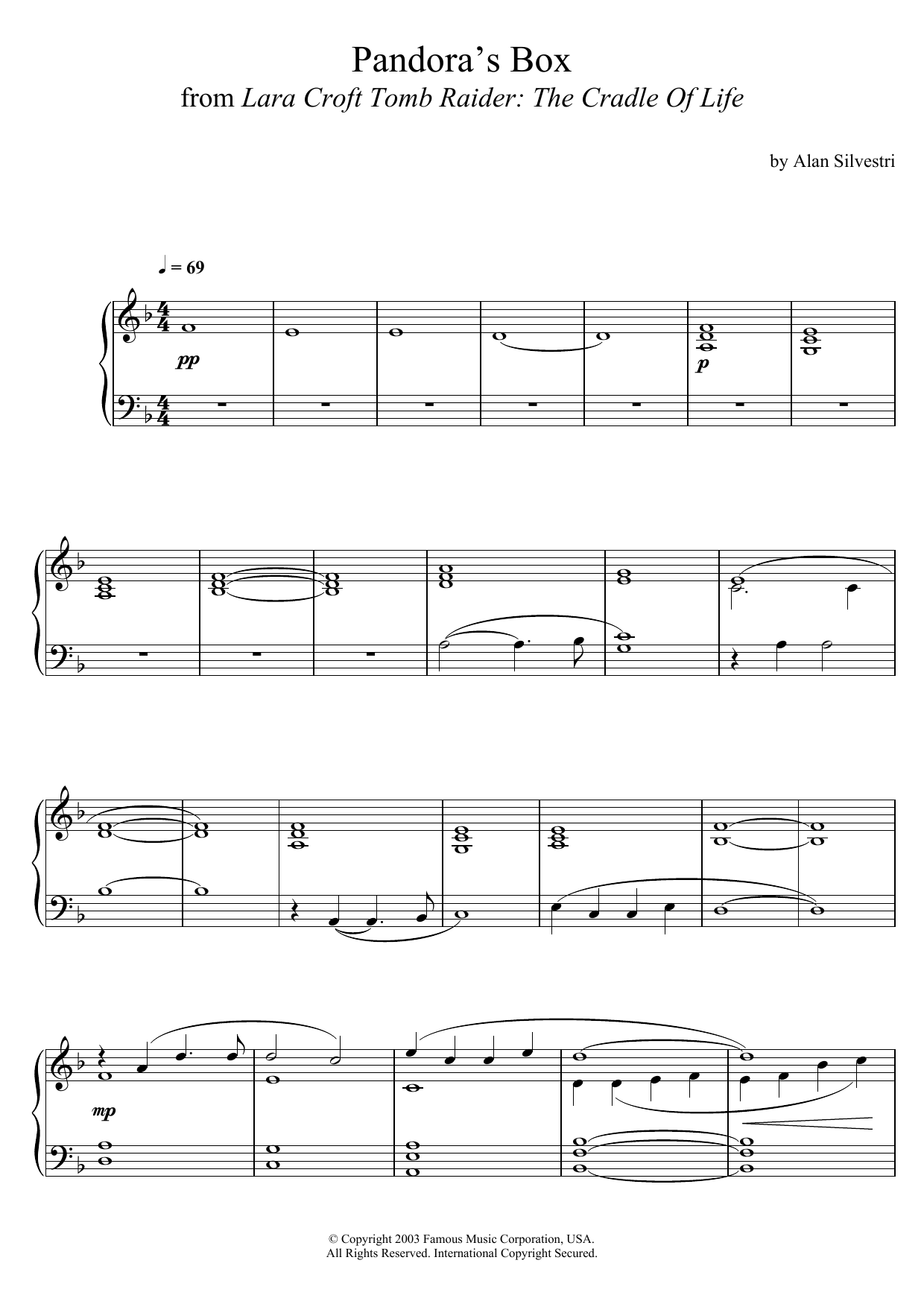 Learn to play Alan Silvestri Lara Croft Tomb Raider: The Cradle Of Life (Pandora's Box) sheet music for Piano Solo in minutes. Price: 7.8900$ Alan Silvestri Lara Croft Tomb Raider: The Cradle Of Life (Pandora's Box) sheet music notes and chords arranged for Piano Solo