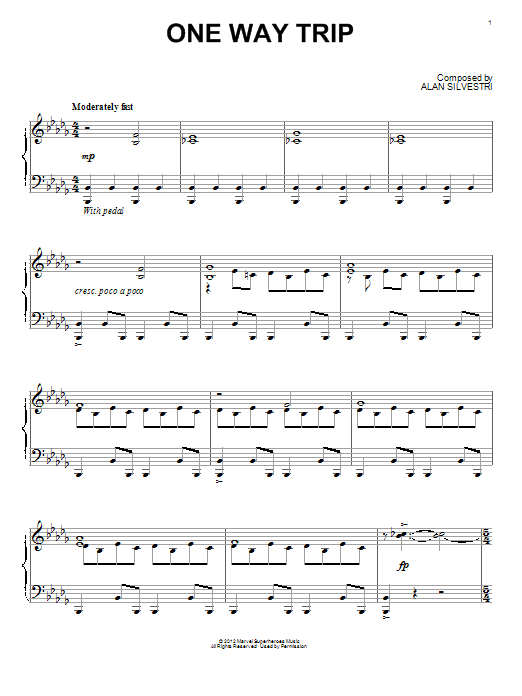 Learn to play Alan Silvestri One Way Trip (from The Avengers) sheet music for Piano Solo in minutes. Price: 7.8900$ Alan Silvestri One Way Trip (from The Avengers) sheet music notes and chords arranged for Piano Solo