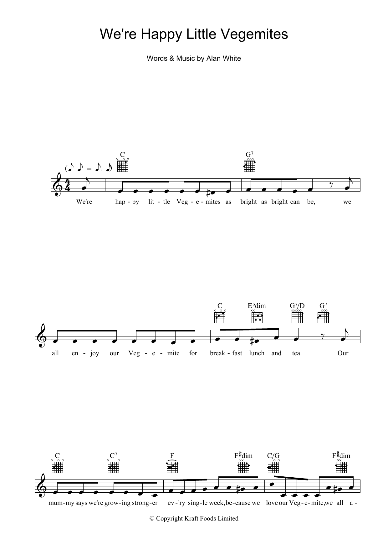 Learn to play Alan White We're Happy Little Vegemites sheet music for Lead Sheet / Fake Book in minutes. Price: 5.9900$ Alan White We're Happy Little Vegemites sheet music notes and chords arranged for Lead Sheet / Fake Book