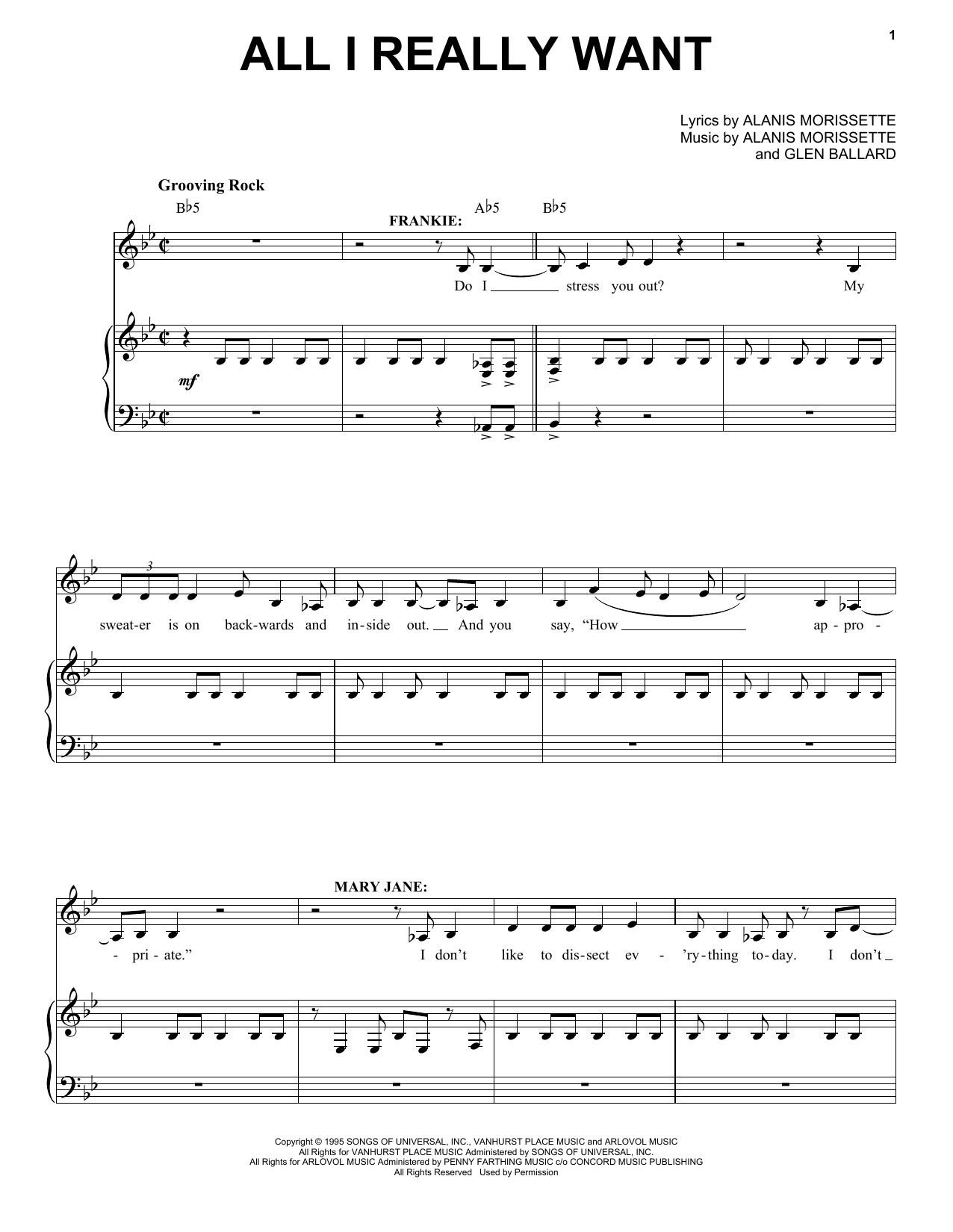 Alanis Morissette All I Really Want (from Jagged Little Pill The Musical) sheet music notes and chords. Download Printable PDF.