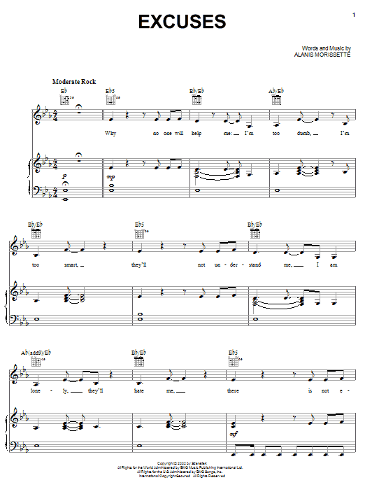 Alanis Morissette Excuses sheet music notes and chords arranged for Piano, Vocal & Guitar Chords (Right-Hand Melody)