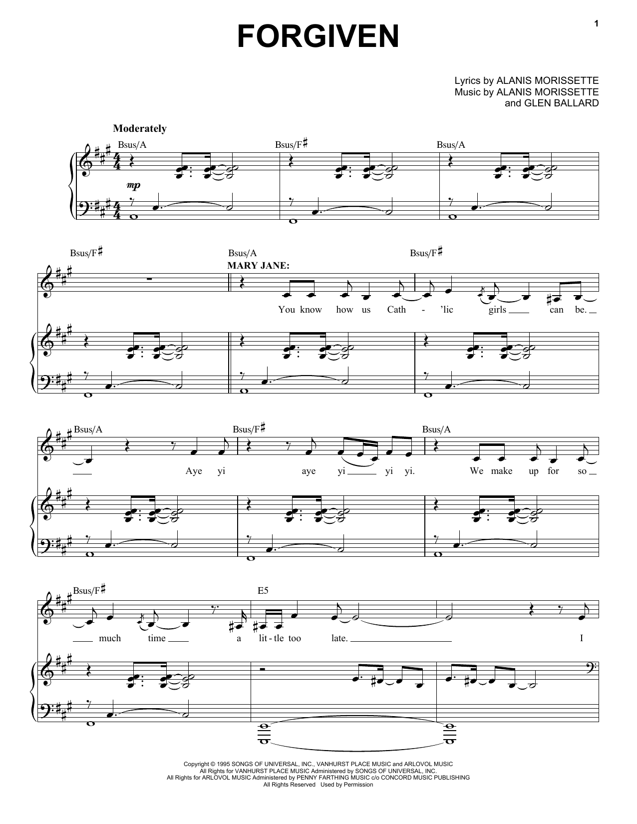 Alanis Morissette Forgiven (from Jagged Little Pill The Musical) sheet music notes and chords. Download Printable PDF.