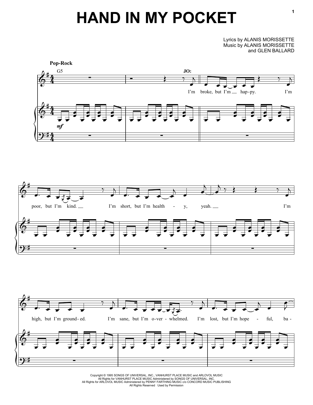 Alanis Morissette Hand In My Pocket (from Jagged Little Pill The Musical) sheet music notes and chords. Download Printable PDF.