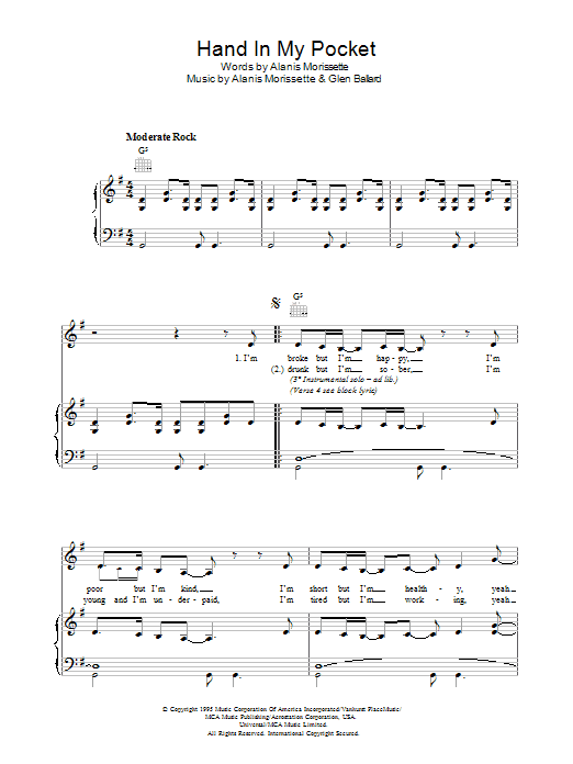 Alanis Morissette Hand In My Pocket sheet music notes and chords. Download Printable PDF.