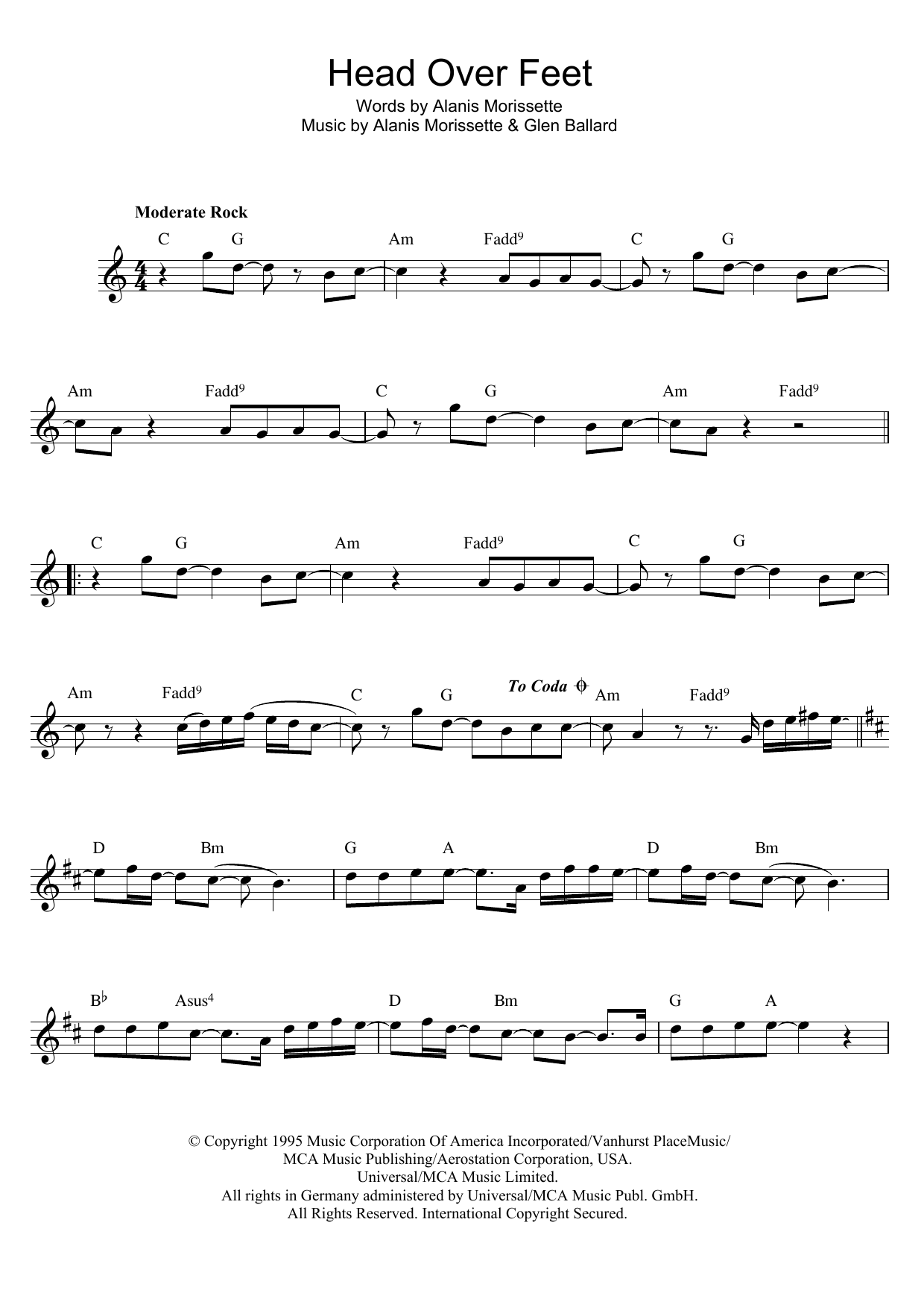 Alanis Morissette Head Over Feet sheet music notes and chords. Download Printable PDF.