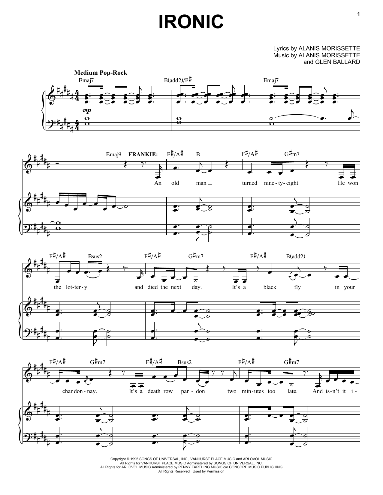 Alanis Morissette Ironic (from Jagged Little Pill The Musical) sheet music notes and chords. Download Printable PDF.