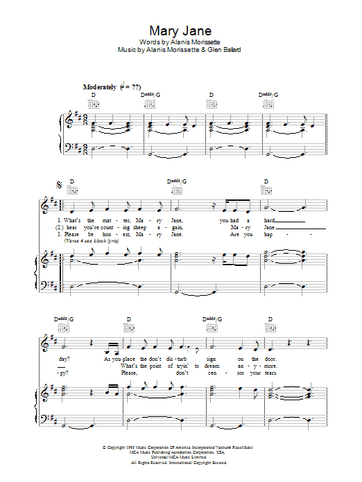 Alanis Morissette Mary Jane sheet music notes and chords. Download Printable PDF.