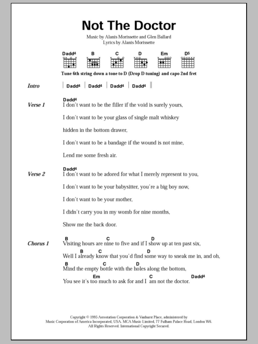 Learn to play Alanis Morissette Not The Doctor sheet music for Guitar Tab in minutes. Price: 7.8900$ Alanis Morissette Not The Doctor sheet music notes and chords arranged for Guitar Tab
