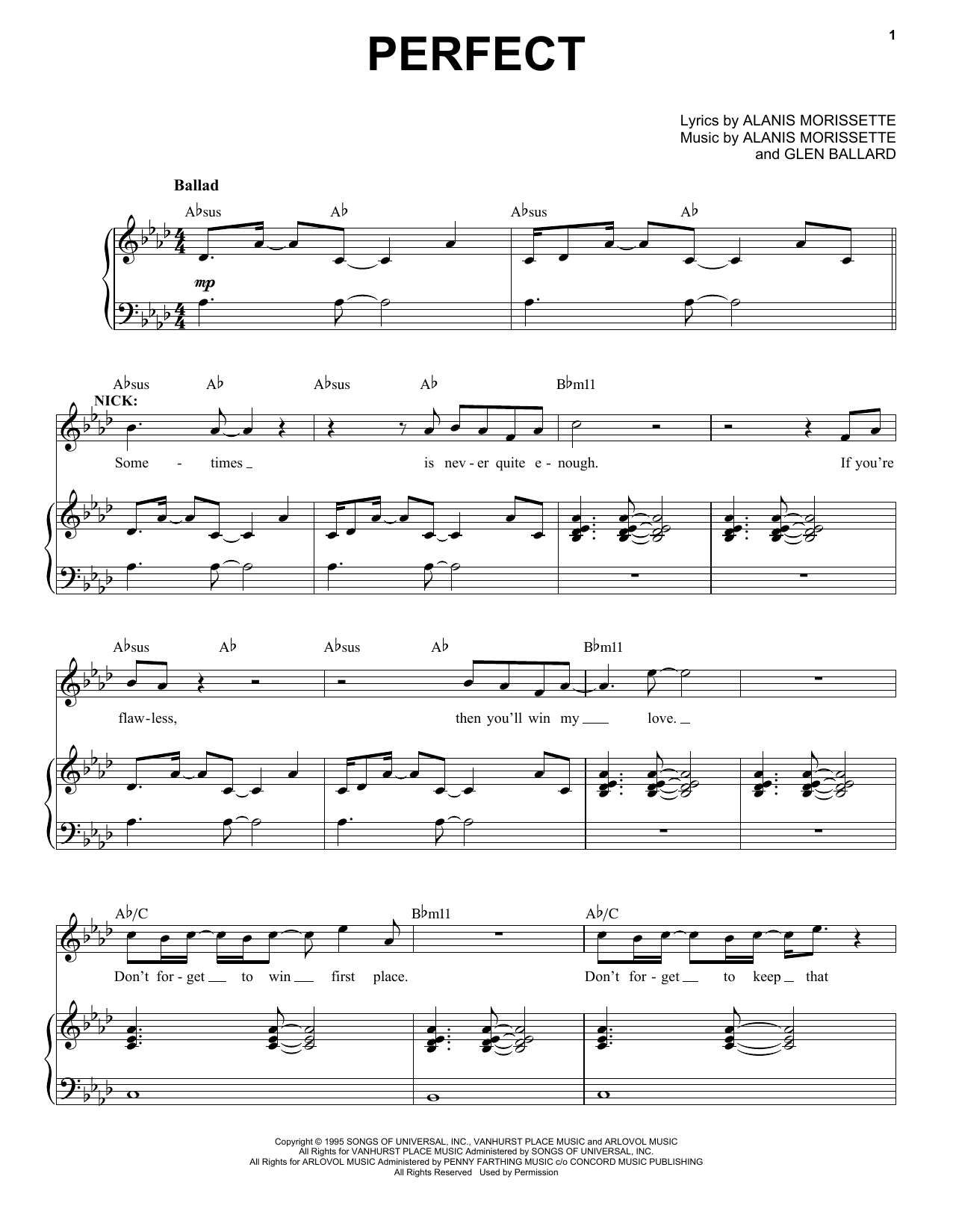 Alanis Morissette Perfect (from Jagged Little Pill The Musical) sheet music notes and chords. Download Printable PDF.