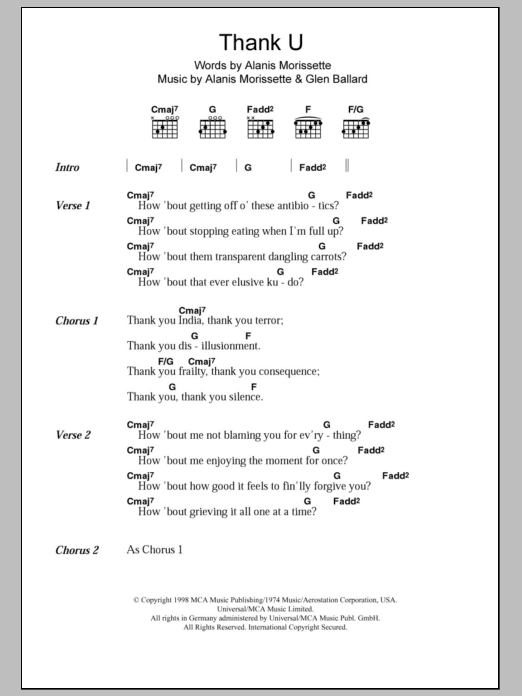 Learn to play Alanis Morissette Thank U sheet music for Guitar Chords/Lyrics in minutes. Price: 4.4900$ Alanis Morissette Thank U sheet music notes and chords arranged for Guitar Chords/Lyrics