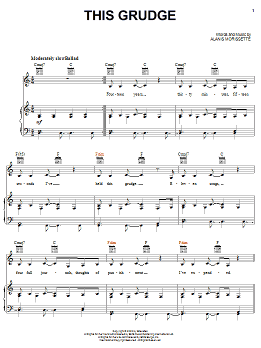 Alanis Morissette This Grudge sheet music notes and chords arranged for Piano, Vocal & Guitar Chords (Right-Hand Melody)