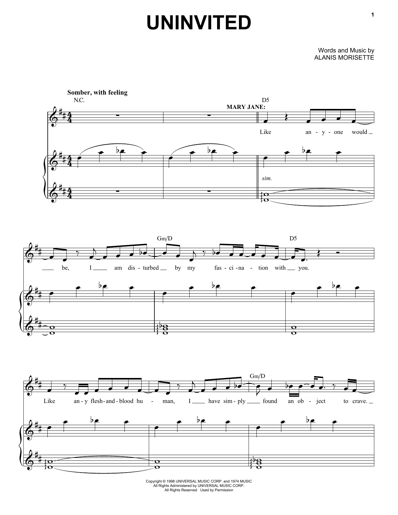 Alanis Morissette Uninvited (from Jagged Little Pill The Musical) sheet music notes and chords. Download Printable PDF.