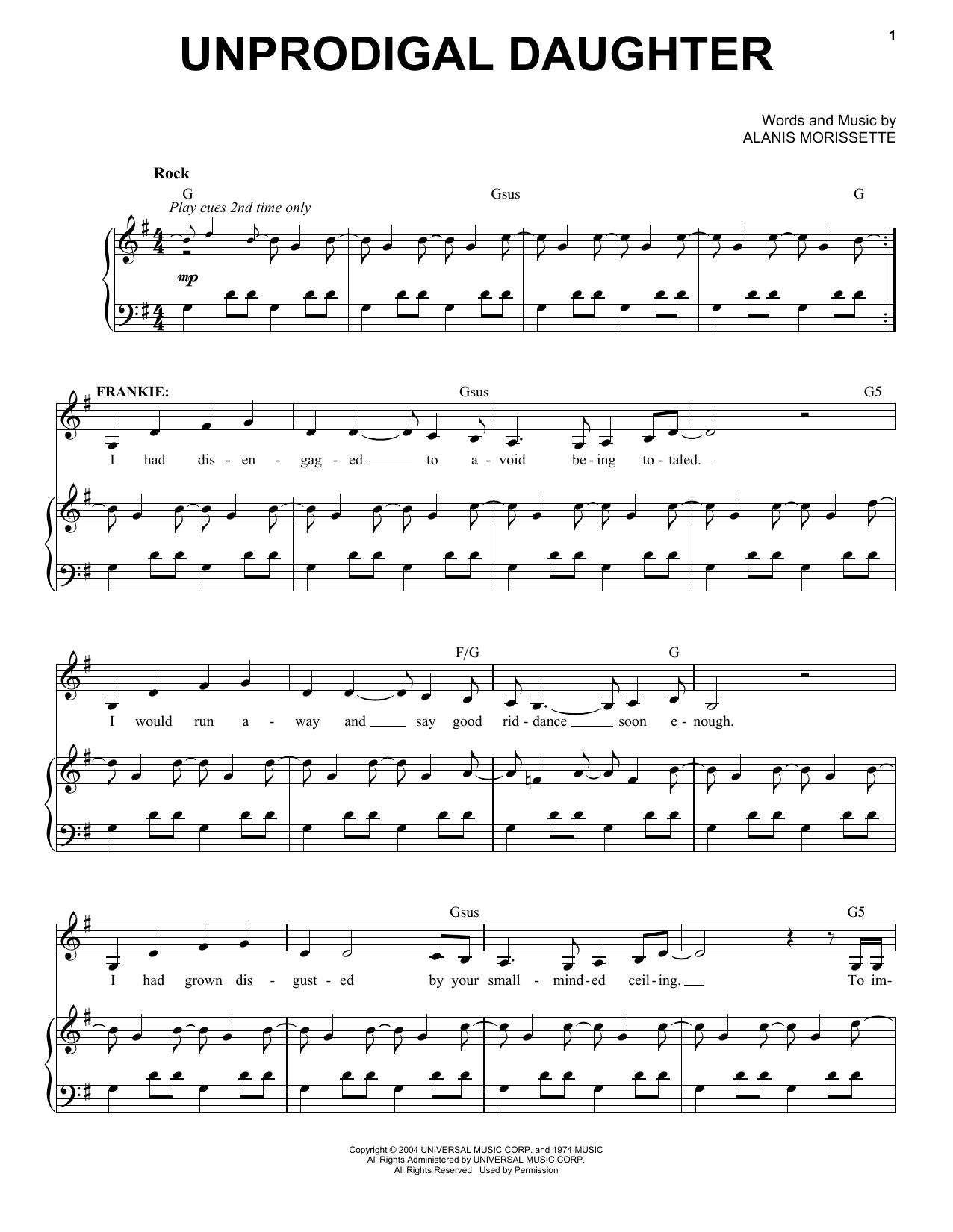 Alanis Morissette Unprodigal Daughter (from Jagged Little Pill The Musical) sheet music notes and chords. Download Printable PDF.