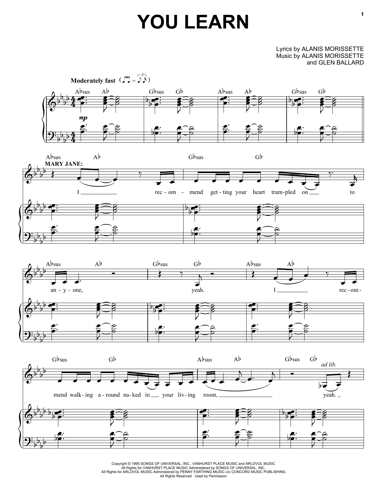 Alanis Morissette You Learn (from Jagged Little Pill The Musical) sheet music notes and chords. Download Printable PDF.