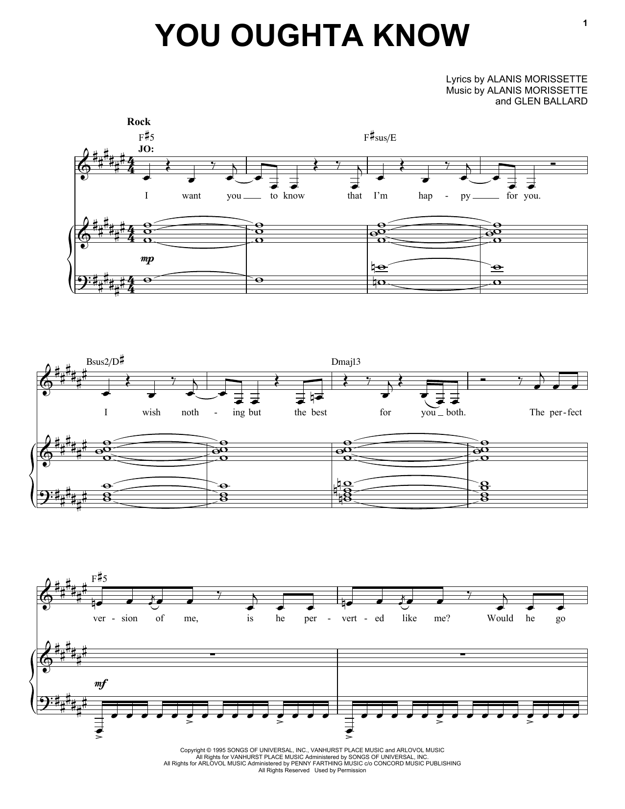 Alanis Morissette You Oughta Know (from Jagged Little Pill The Musical) sheet music notes and chords. Download Printable PDF.