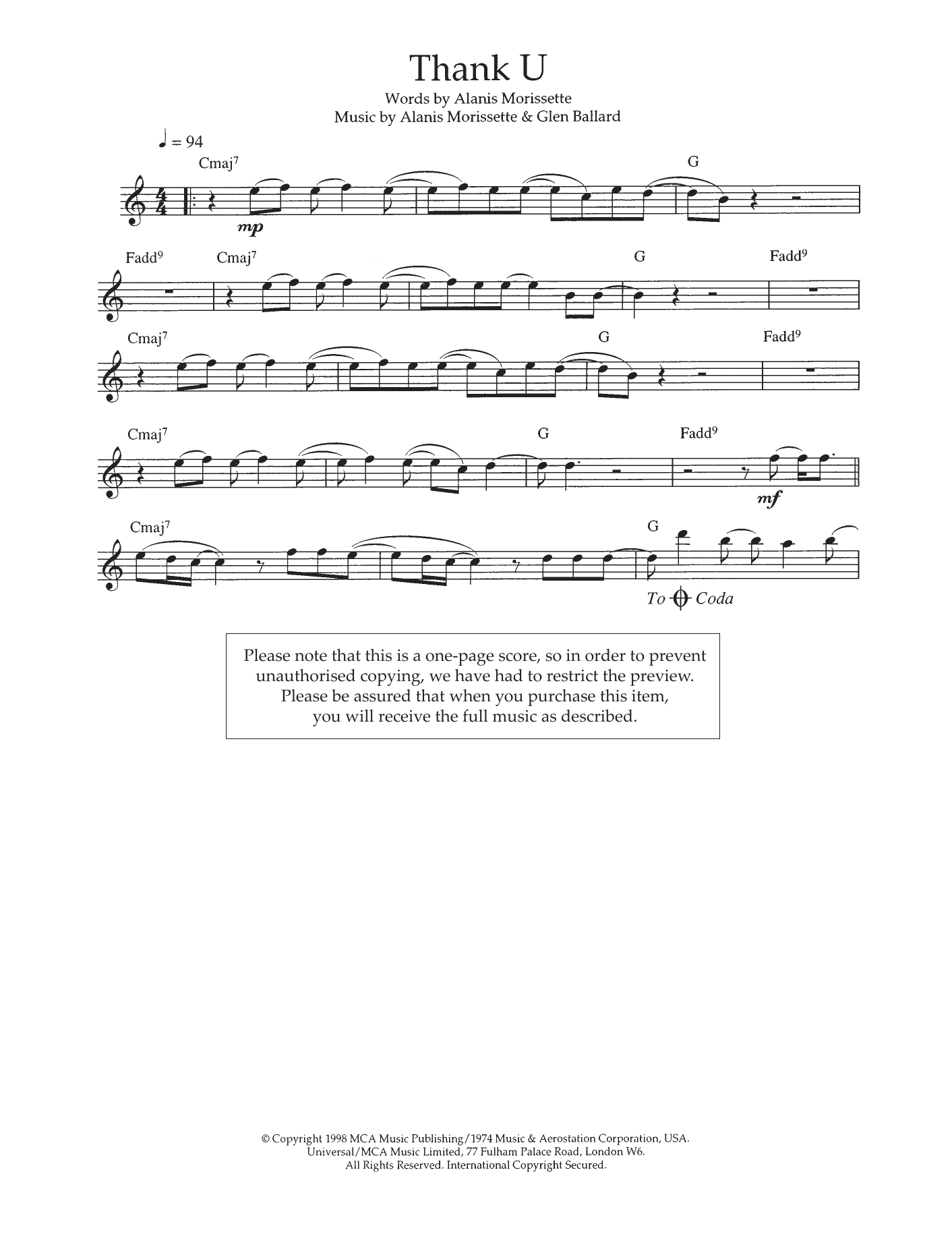 Alanis Morrisette Thank U sheet music notes and chords. Download Printable PDF.