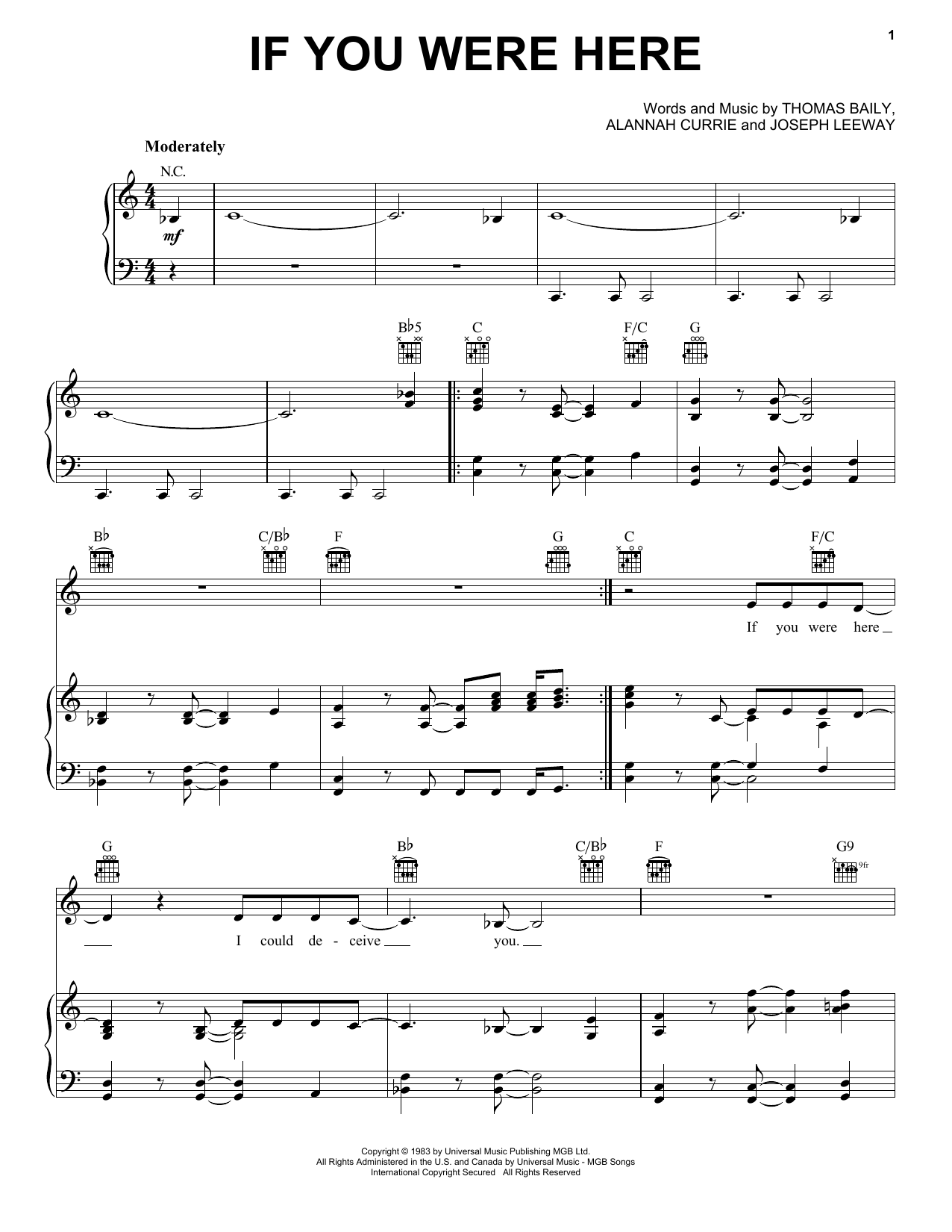 Thompson Twins If You Were Here sheet music notes and chords. Download Printable PDF.