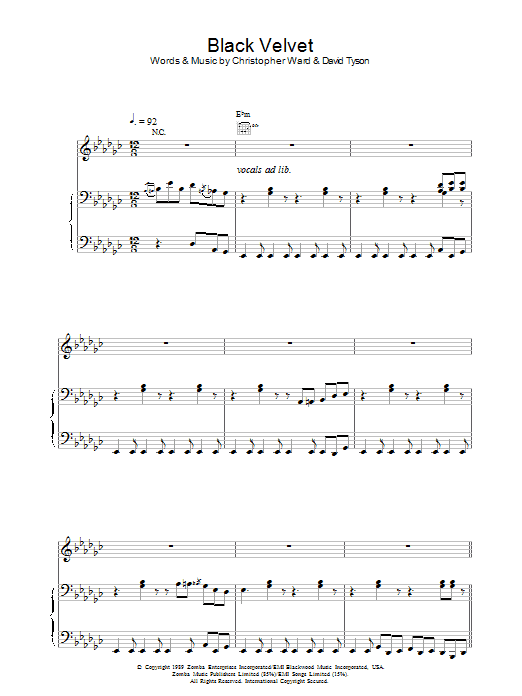 Alannah Myles Black Velvet sheet music notes and chords. Download Printable PDF.