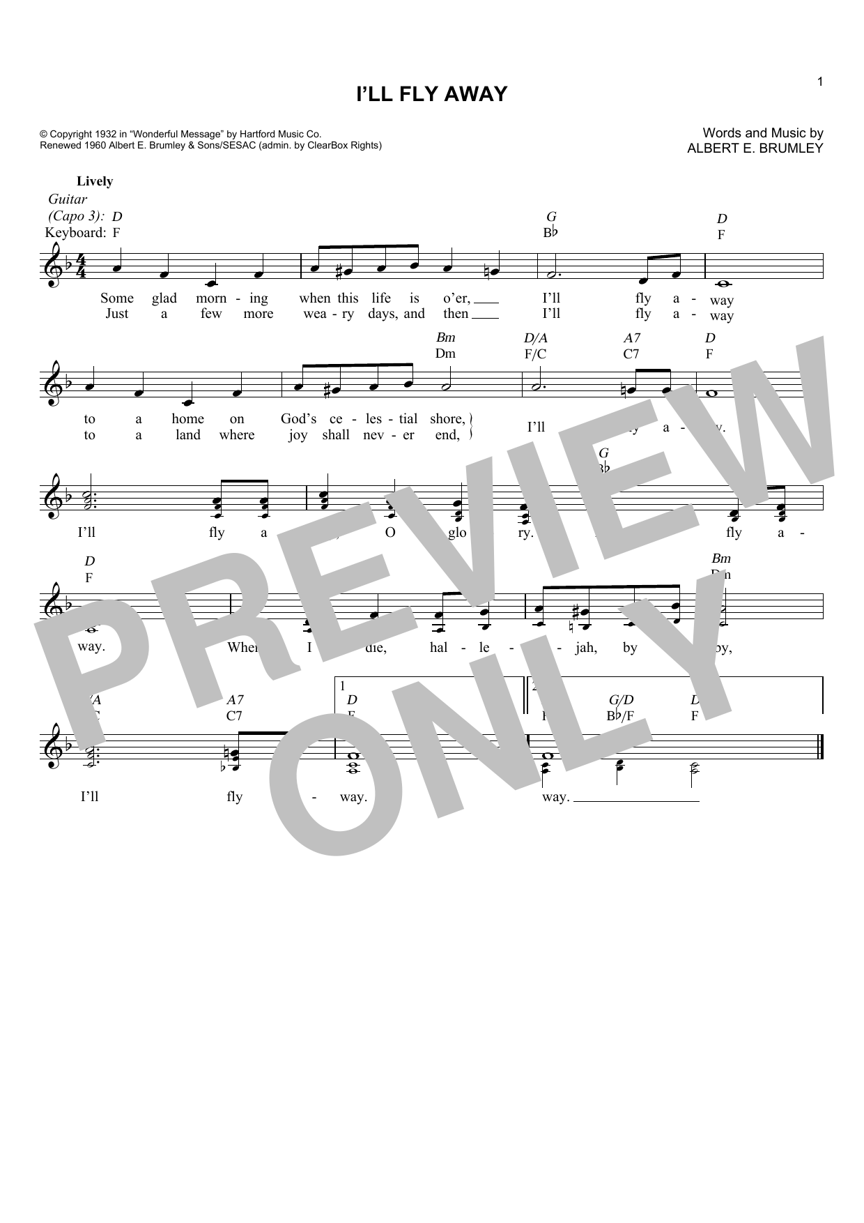 Albert E. Brumley I'll Fly Away sheet music notes and chords. Download Printable PDF.